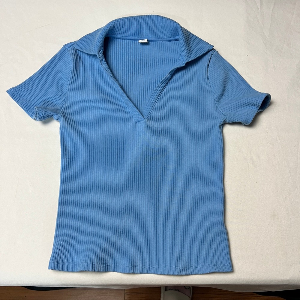 Old Navy Y2K Top Size S Ribbed Collared Shirt Sh/SL‎ Split Neck Baratheon Blue